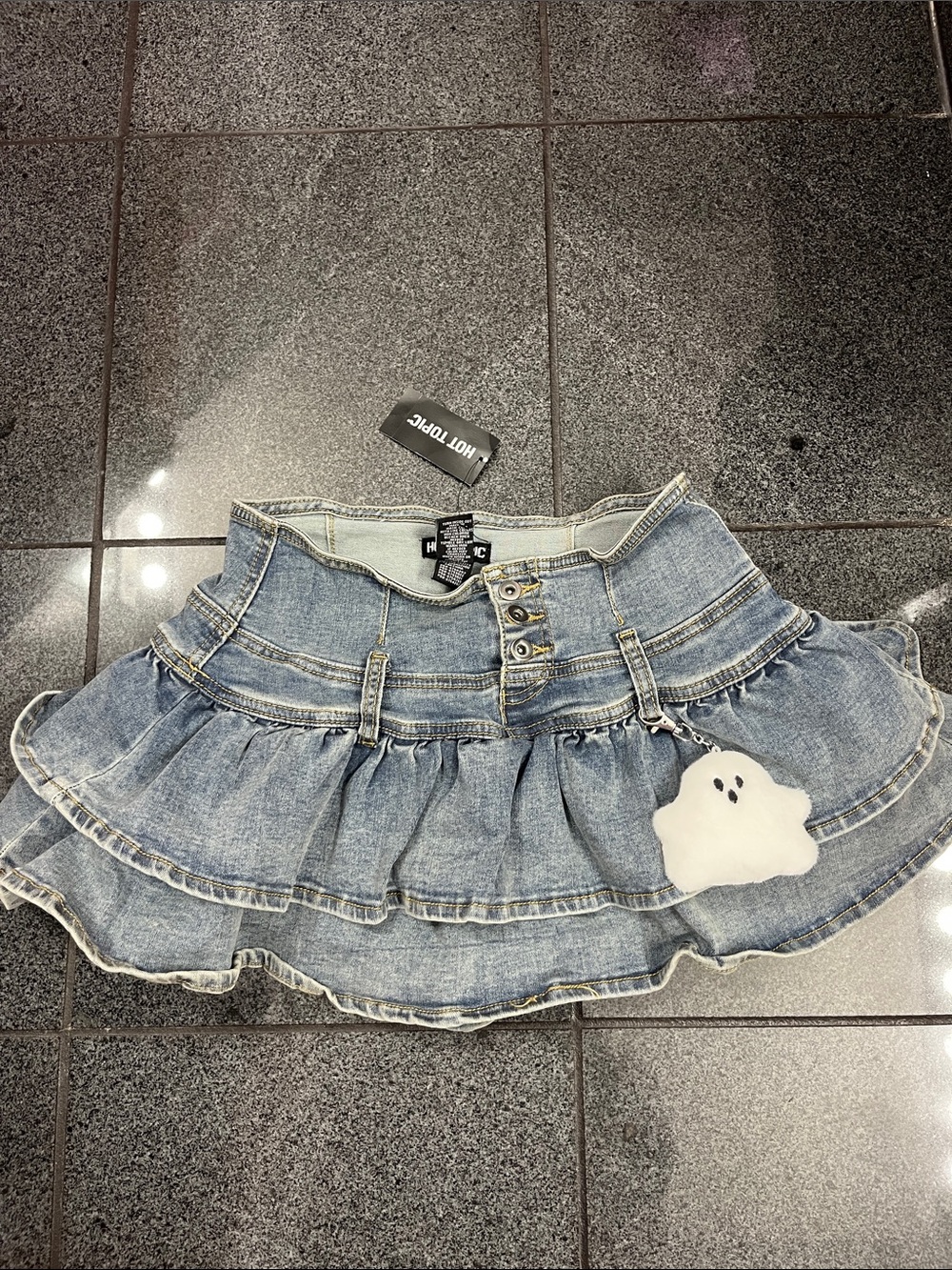 Hot Topic Light Blue Denim Ruffle Mini Skirt with Ghost Charm